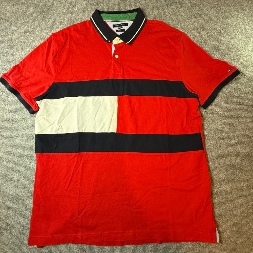 Tommy Hilfiger Mens XXL Custom Fit Colorblock Polo Shirt Red Navy White